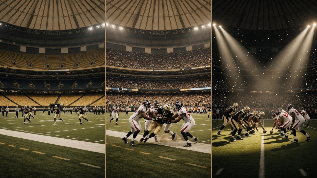 One season in three moments inside the Caesars Superdome: training camp, a full-house early-season game, and the playoff lights