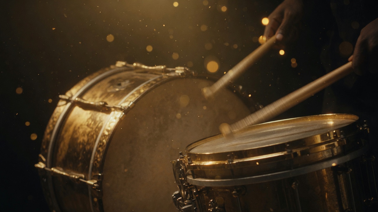 New Orleans brass band drums, sticks mid-strike in gold light